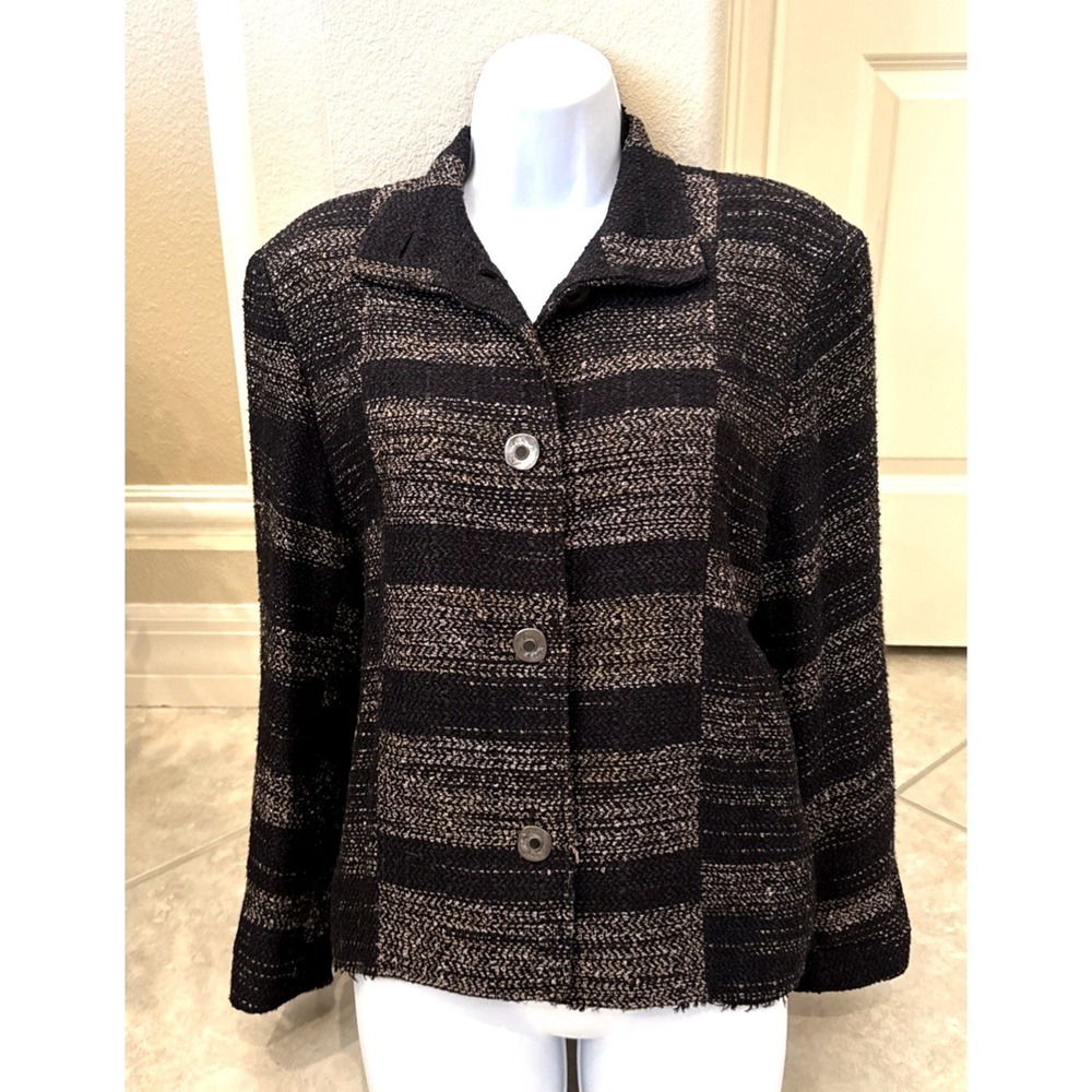 Barbara Petty Women Black Bronze Metallic Striped Knit Button Front Jacket Small